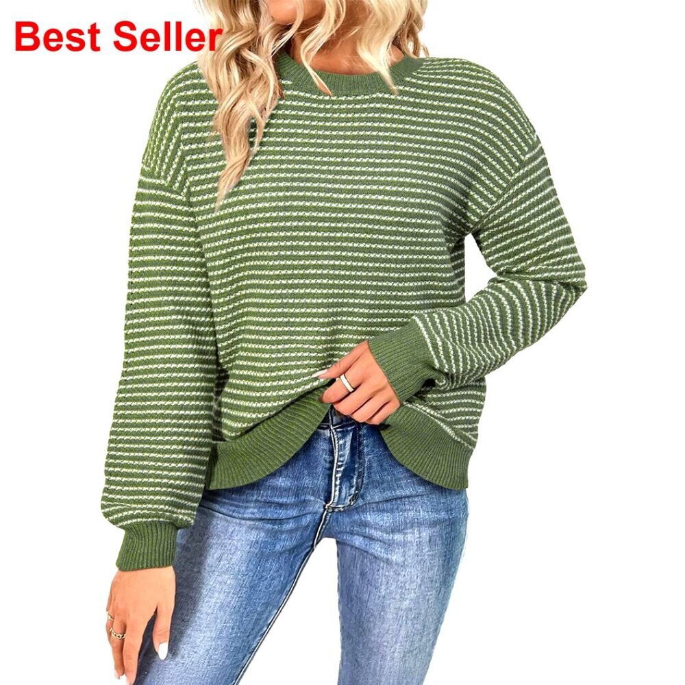 Long Sleeve Crewneck Striped Side Split Pullover Sweater Sizes S-2XL